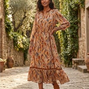 Women's Maxi Dress in Rust and Cream Leaf Print